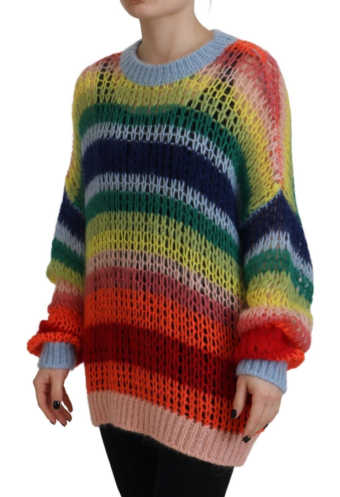 Multicolor Knitted Mohair Crewneck Pullover Sweater