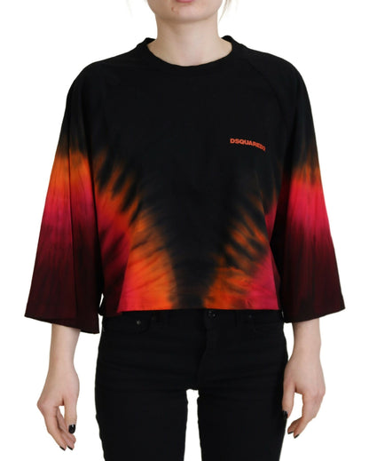 Top casual de algodón negro con cuello redondo y efecto tie dye