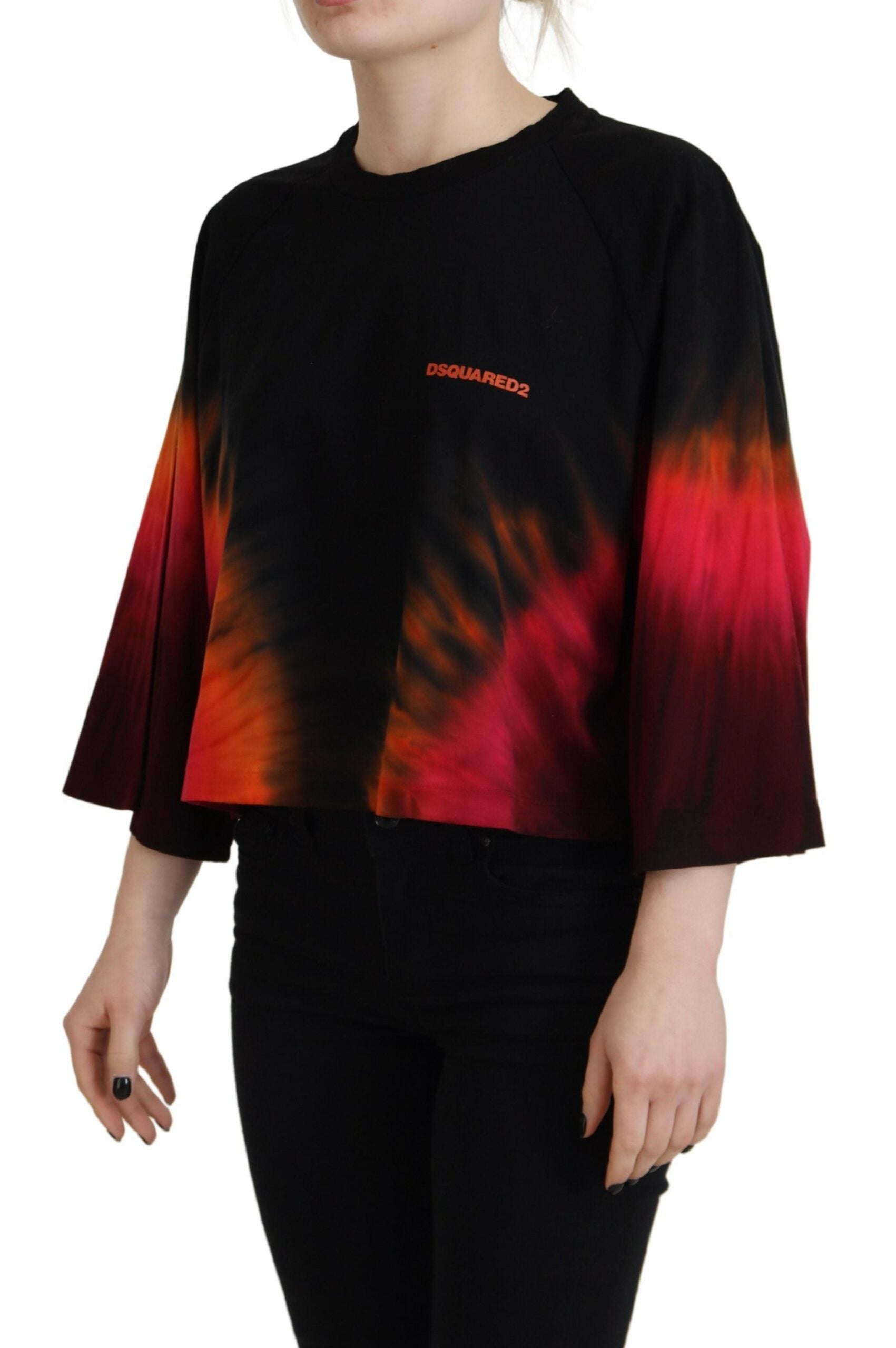 Top casual de algodón negro con cuello redondo y efecto tie dye