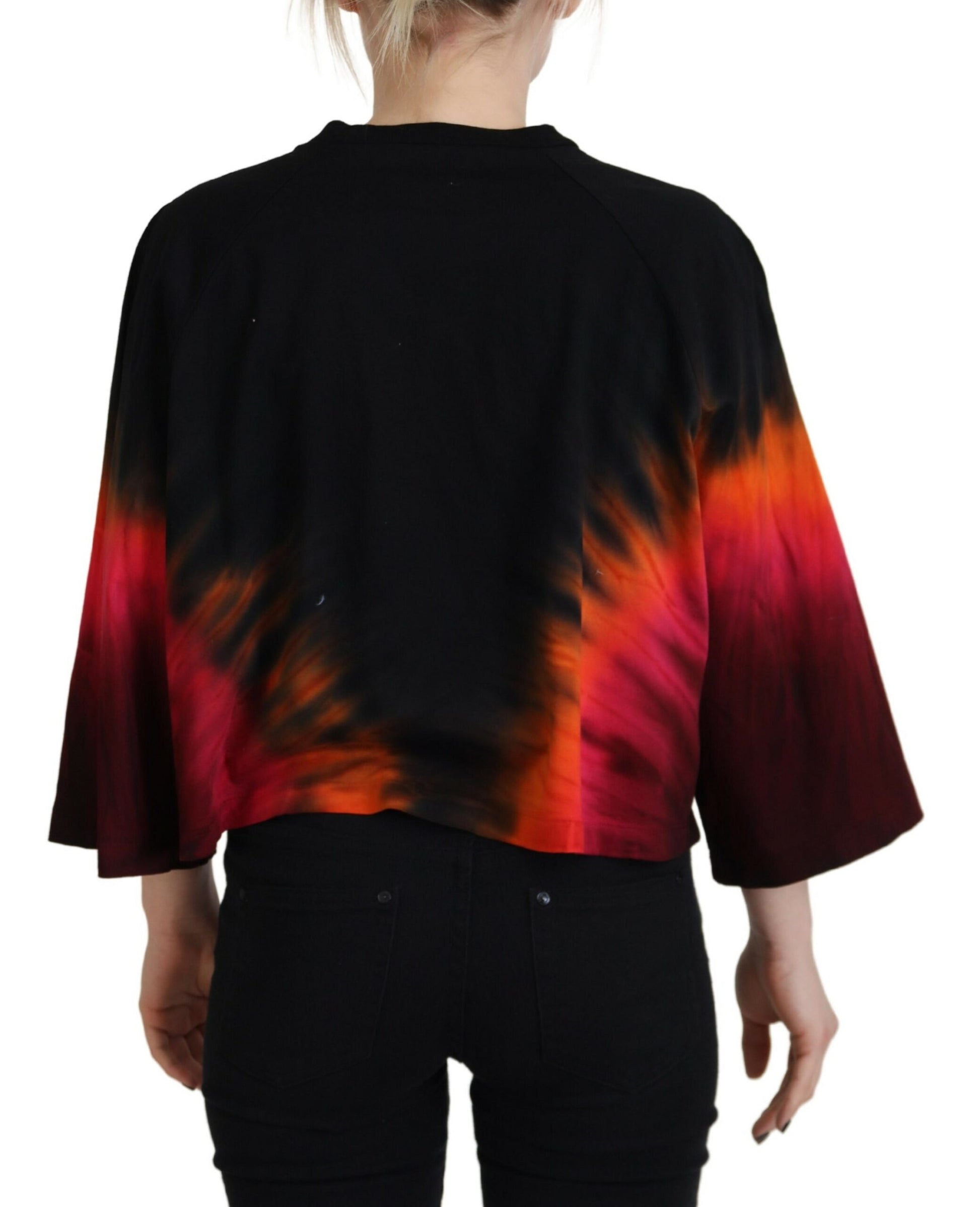 Top casual de algodón negro con cuello redondo y efecto tie dye