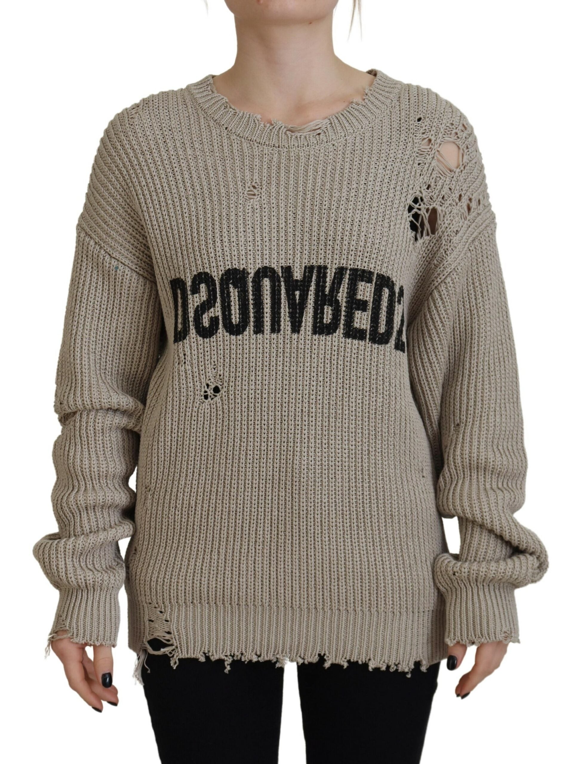 Beige Cotton Knitted Crewneck Pullover Sweater