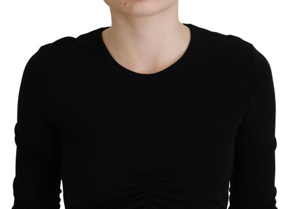 Black Viscose Cropped Round Neck Long Sleeves Top