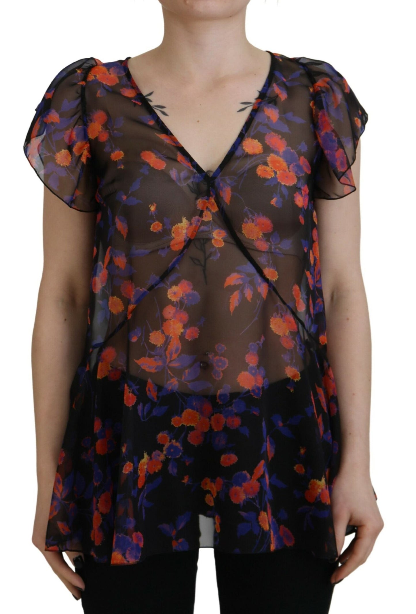 Blusa de cuello en V y manga corta con estampado floral negro