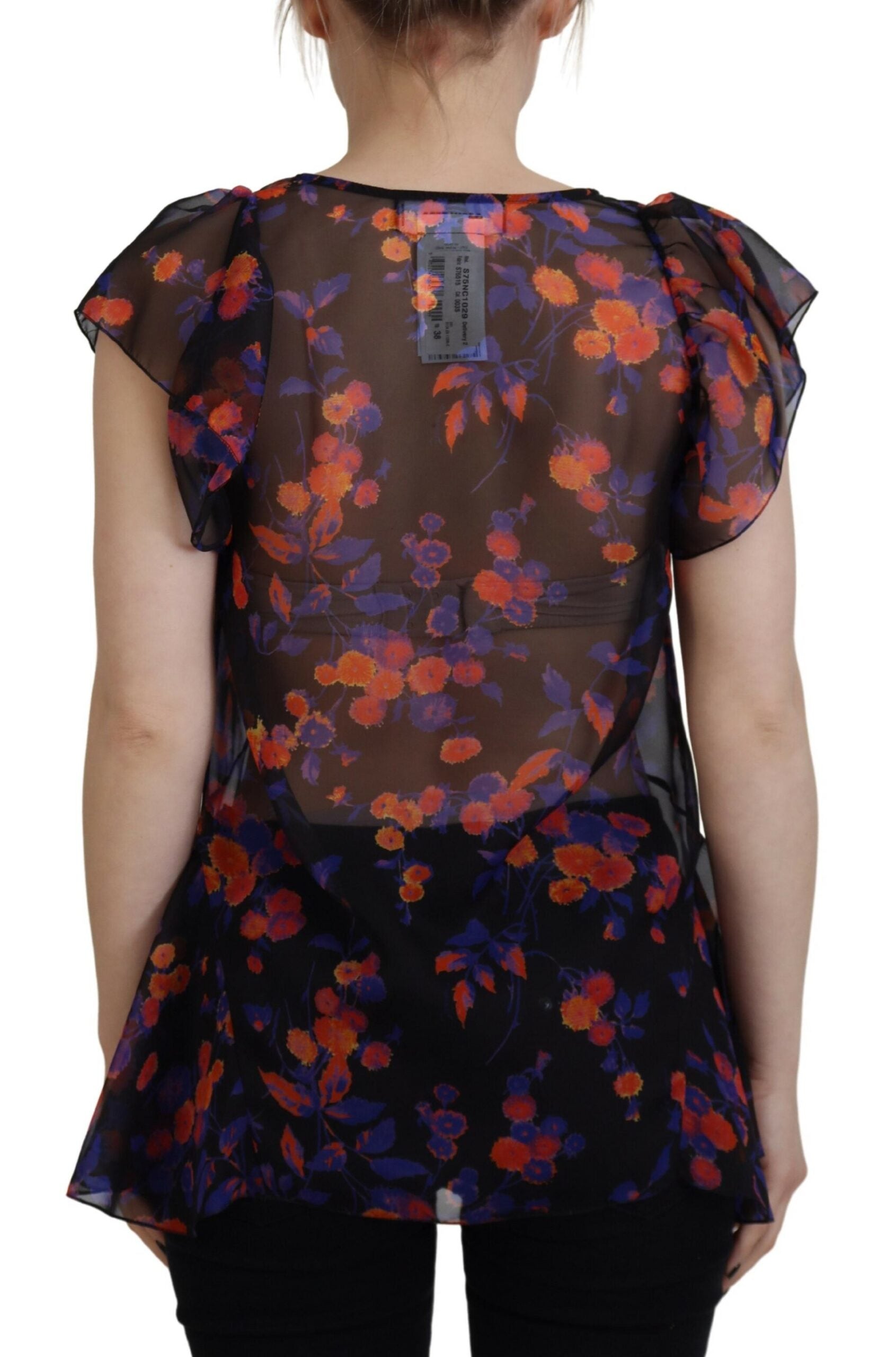 Blusa de cuello en V y manga corta con estampado floral negro