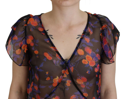 Blusa de cuello en V y manga corta con estampado floral negro