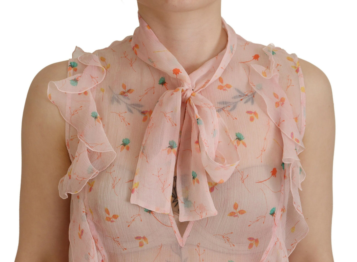 Pink Floral Print Silk Sleeveless Ascot Collar Top