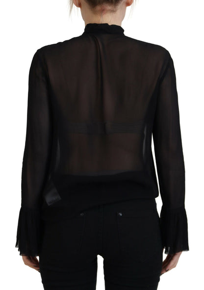 Black Viscose Long Sleeves See Through Blouse Top