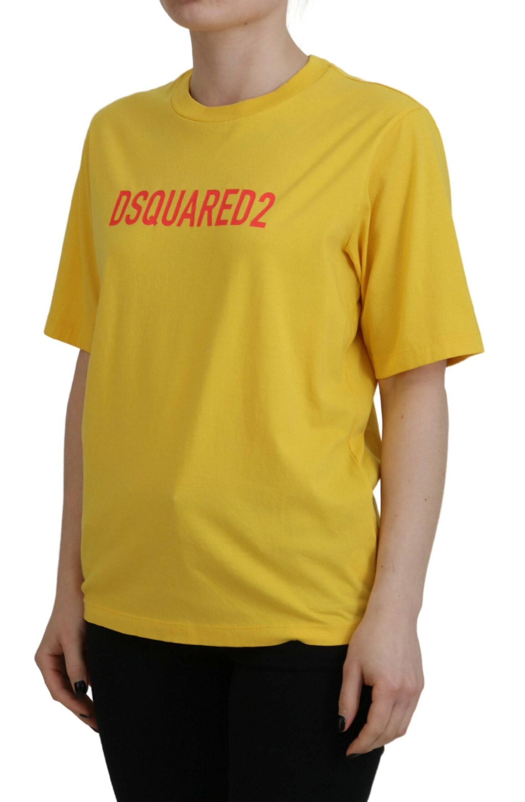 Camiseta de algodón con cuello redondo y estampado de logotipo amarillo