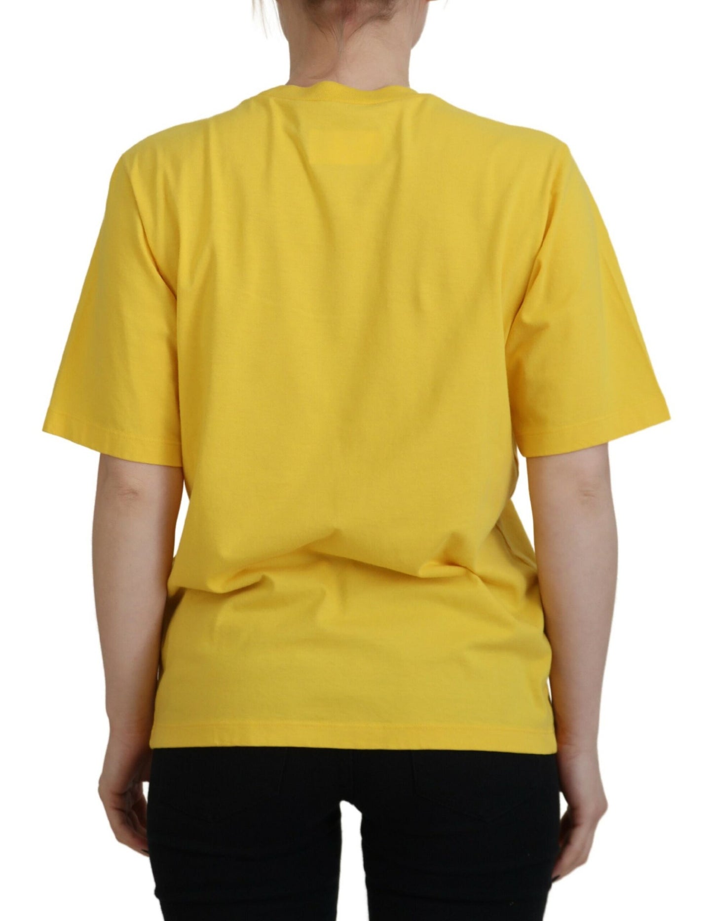 Camiseta de algodón con cuello redondo y estampado de logotipo amarillo