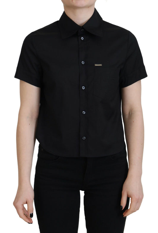 Black Collared Button Down Short Sleeves Polo Top