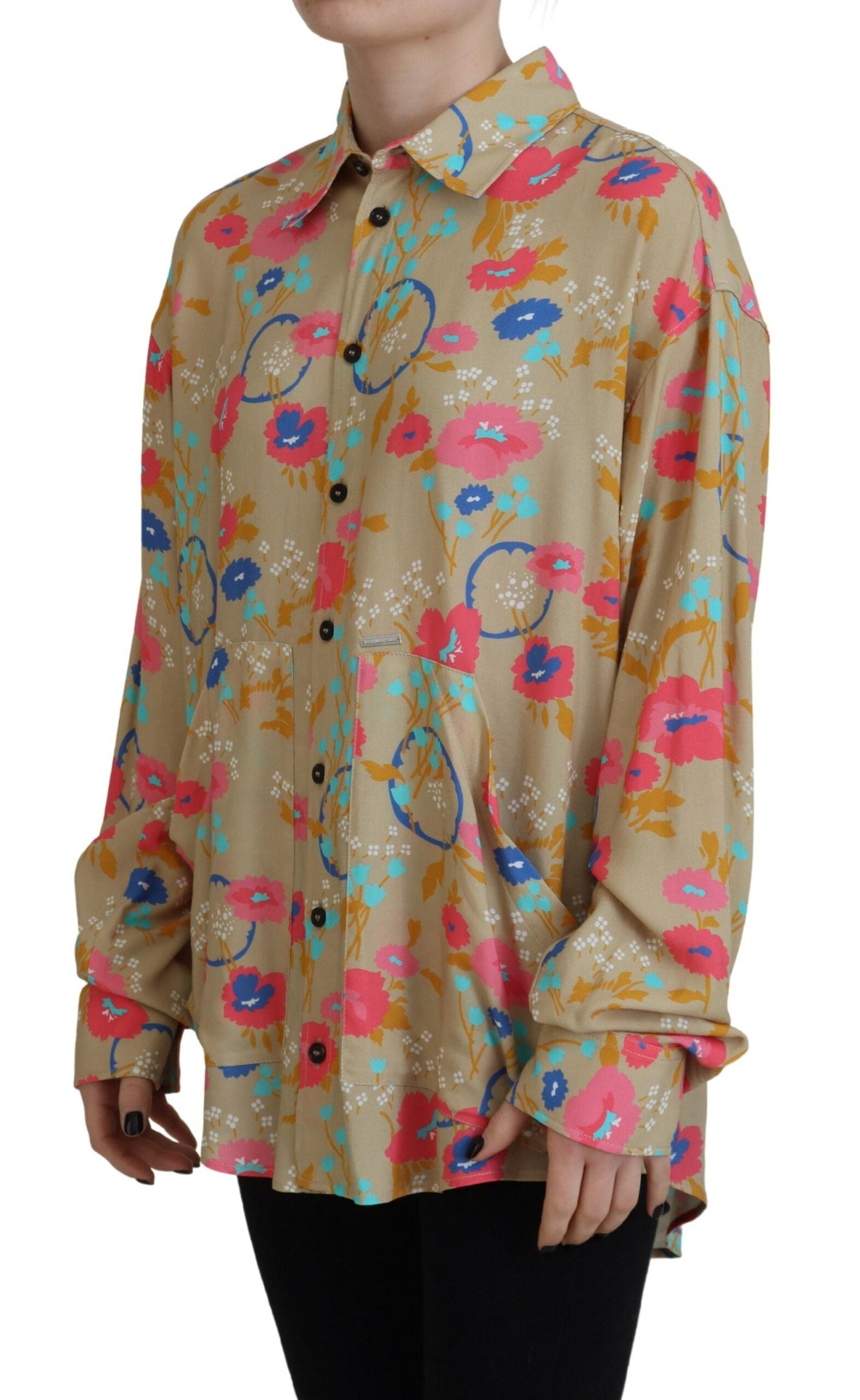 Beige Floral Collared Button Down Long Sleeves Shirt