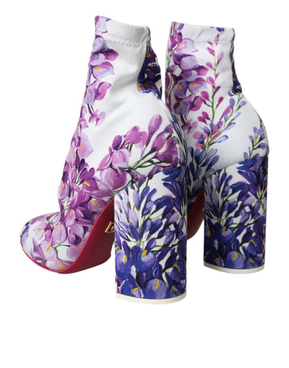 White Floral Jersey Stretch Boots Shoes