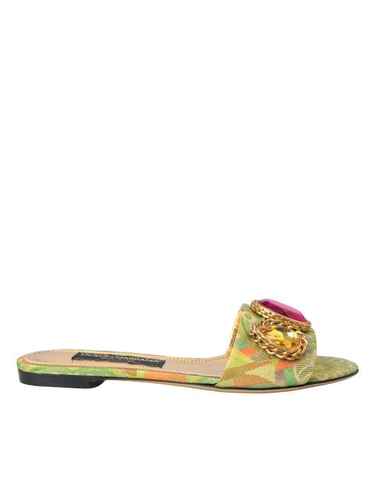 Sandalias planas con jacquard de cristal verde