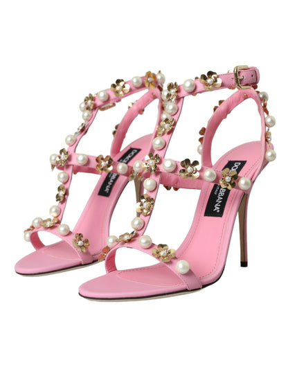 Pink Leather Embellished Heels Sandals Shoes