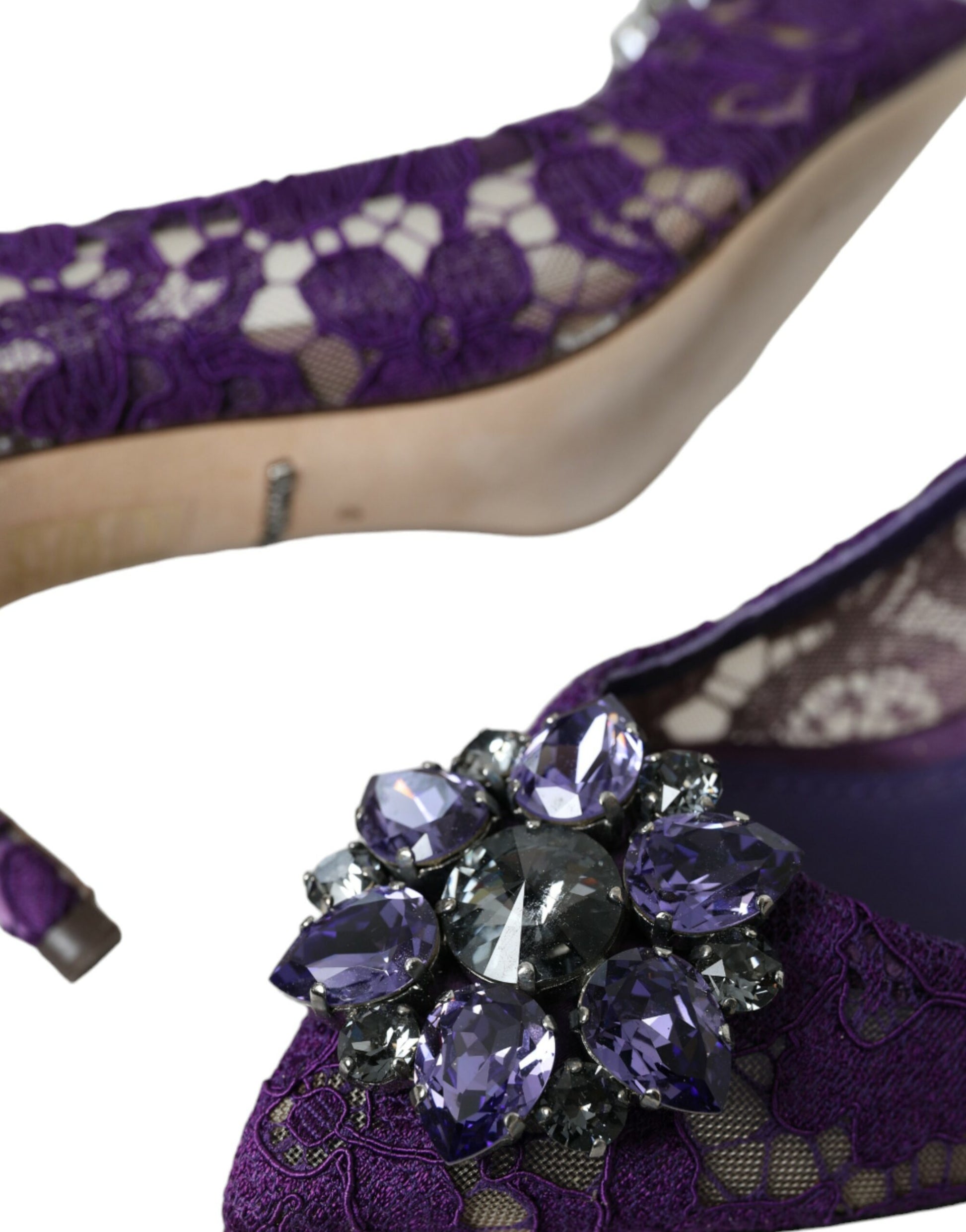 Purple Taormina Lace Crystal Heel Pumps Shoes