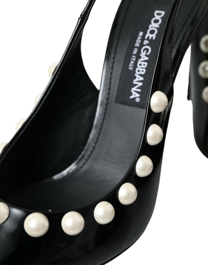 Black Leather Faux Pearl Heel Slingback Shoes