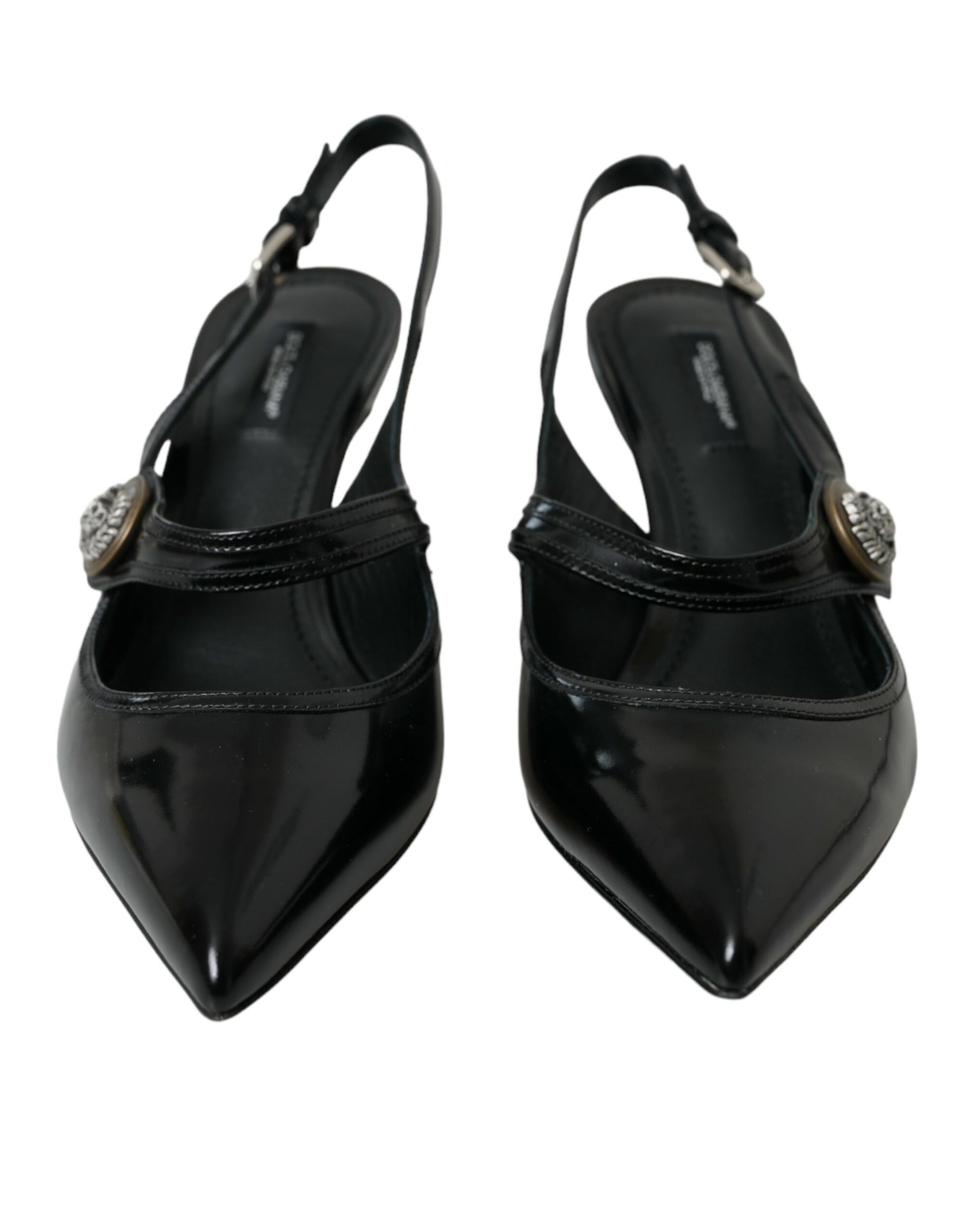 Black Leather Embellished Slingbacks Shoes