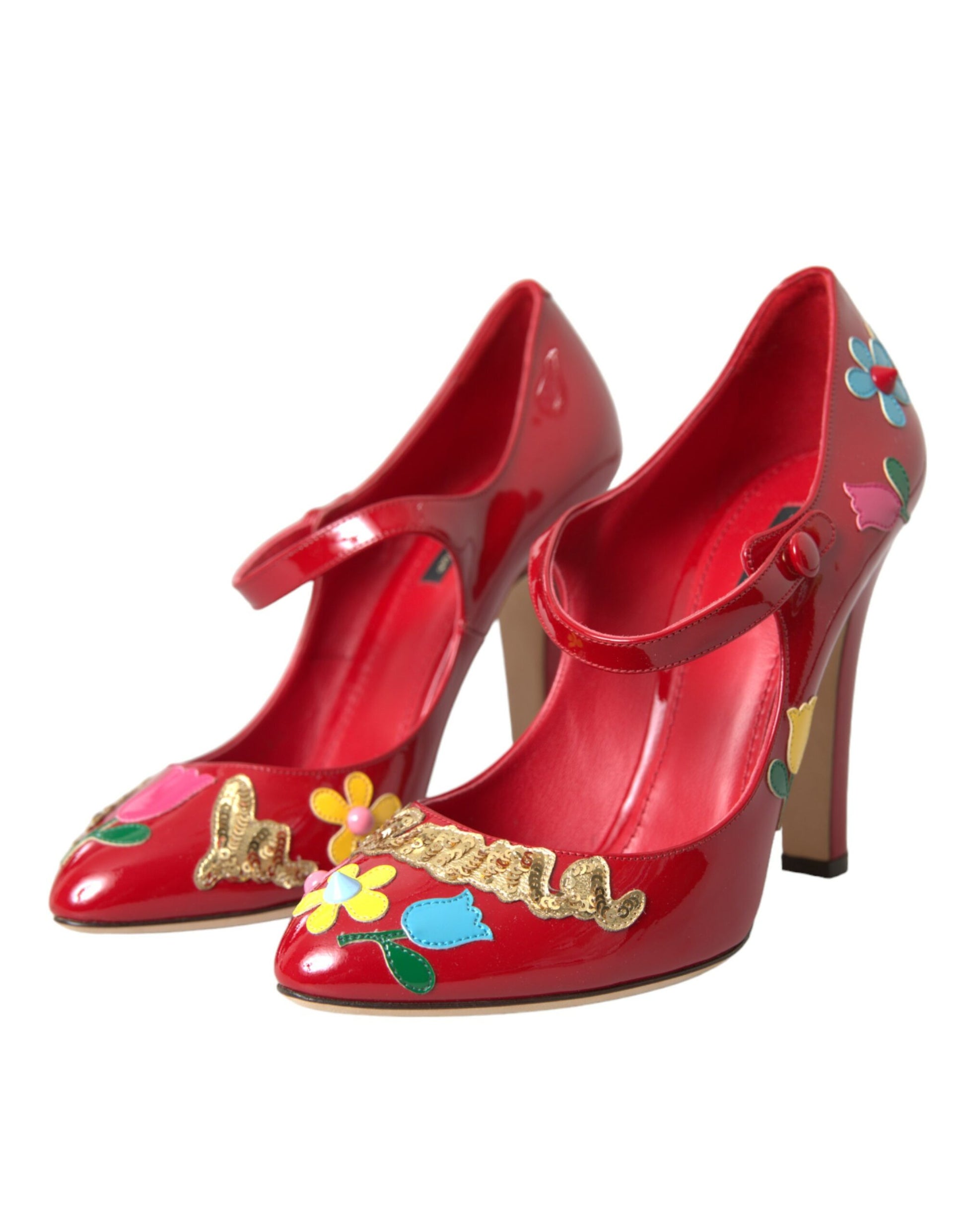 Zapatos de tacón Mary Jane con adornos de cuero rojo