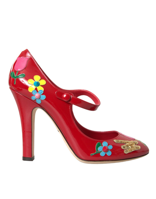 Zapatos de tacón Mary Jane con adornos de cuero rojo