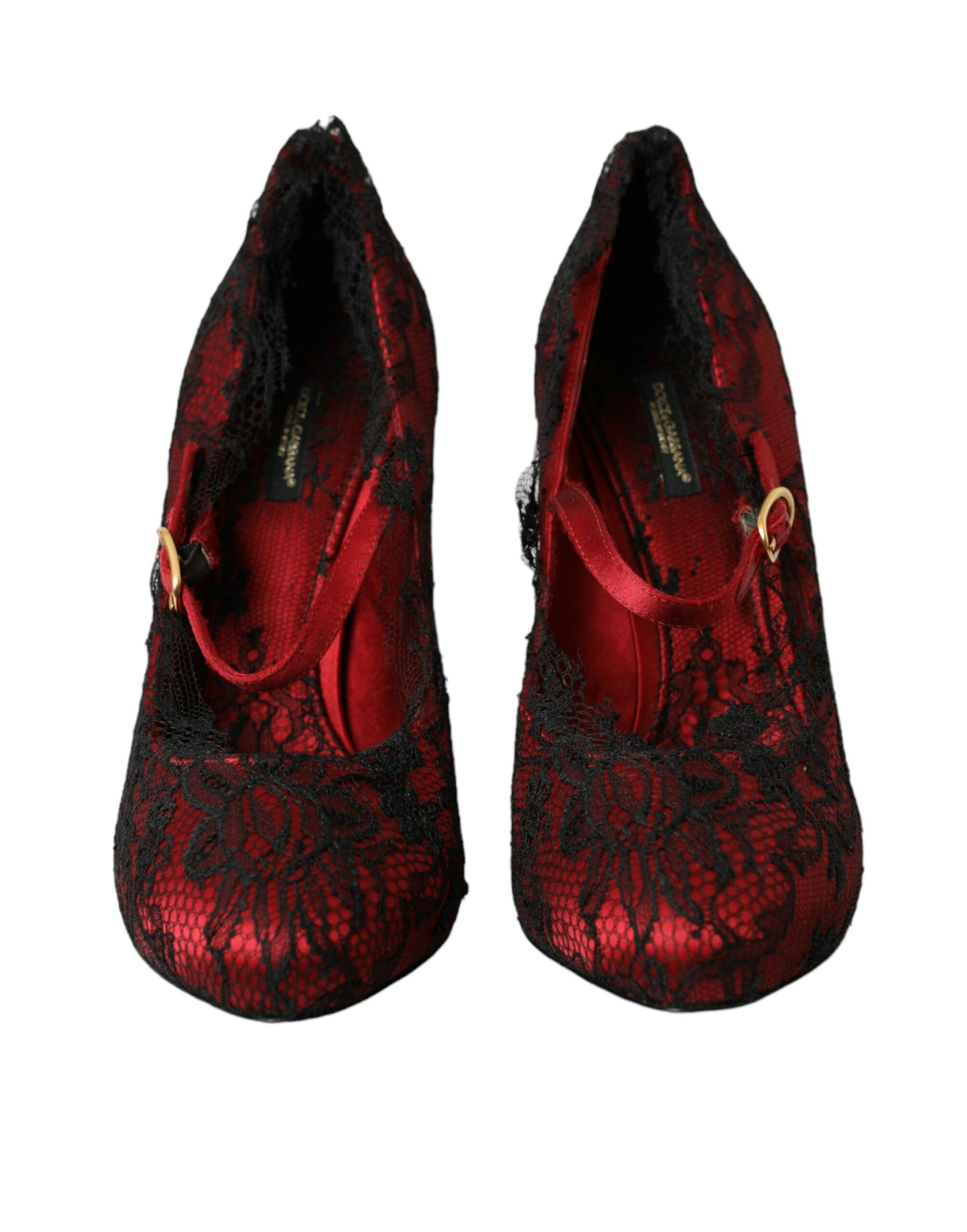 Zapatos Mary Jane con encaje floral en rojo y negro