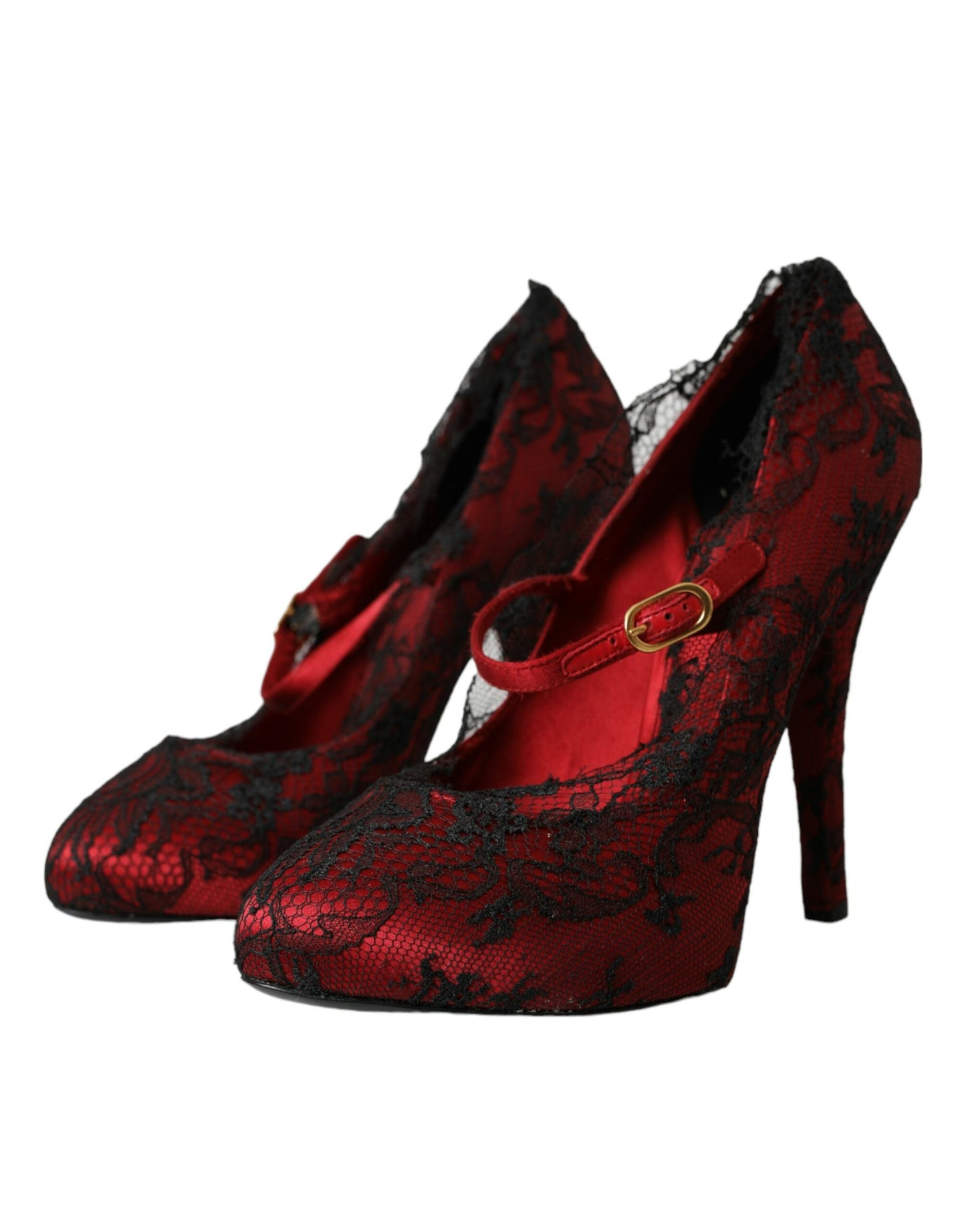 Zapatos Mary Jane con encaje floral en rojo y negro