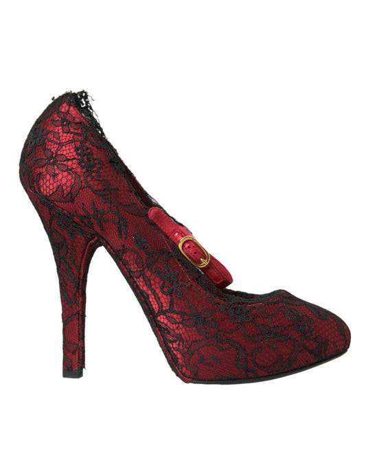 Zapatos Mary Jane con encaje floral en rojo y negro