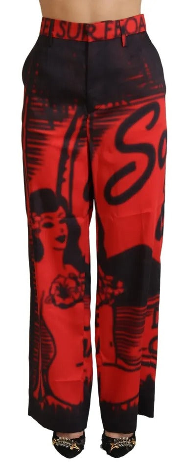 Pantalones rectos de cintura alta con estampado rojo