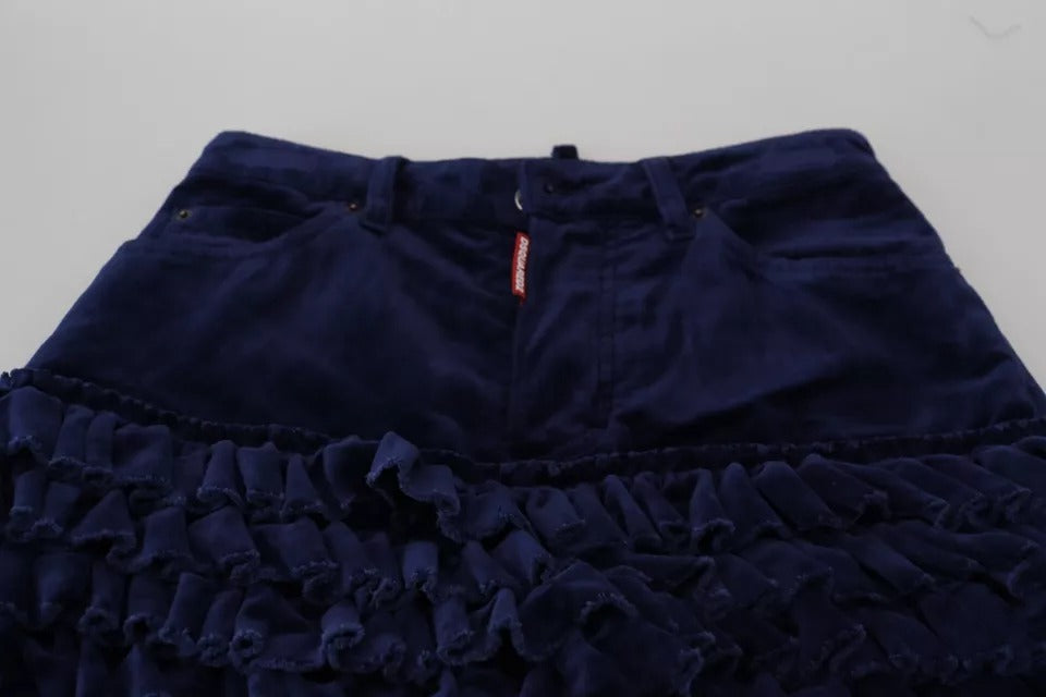 Pantalones de mezclilla de algodón con cintura alta y volantes azules de corte Boston