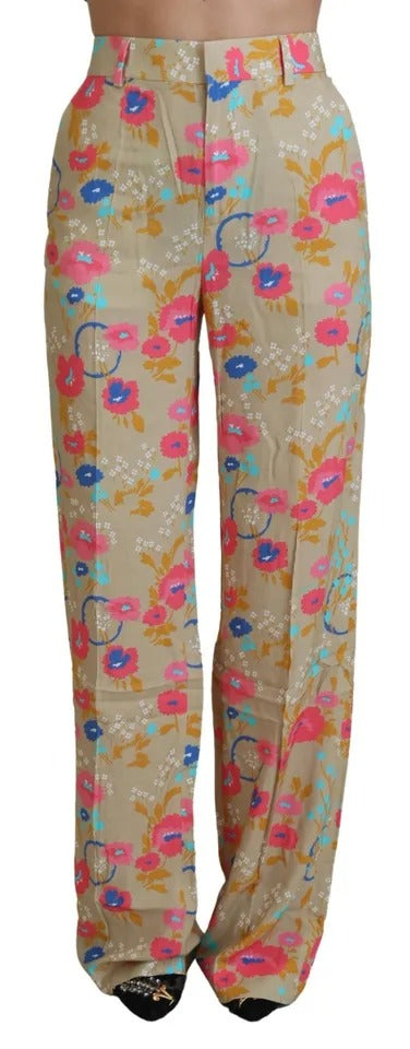 Pantalones rectos de cintura alta con estampado floral en color beige