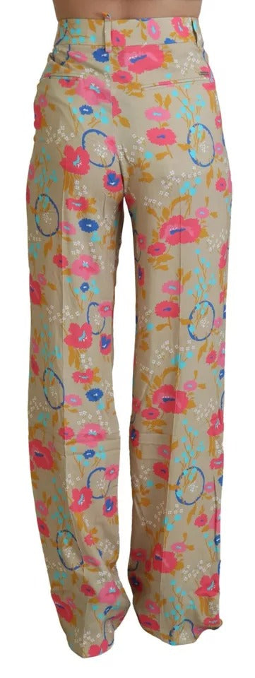 Pantalones rectos de cintura alta con estampado floral en color beige