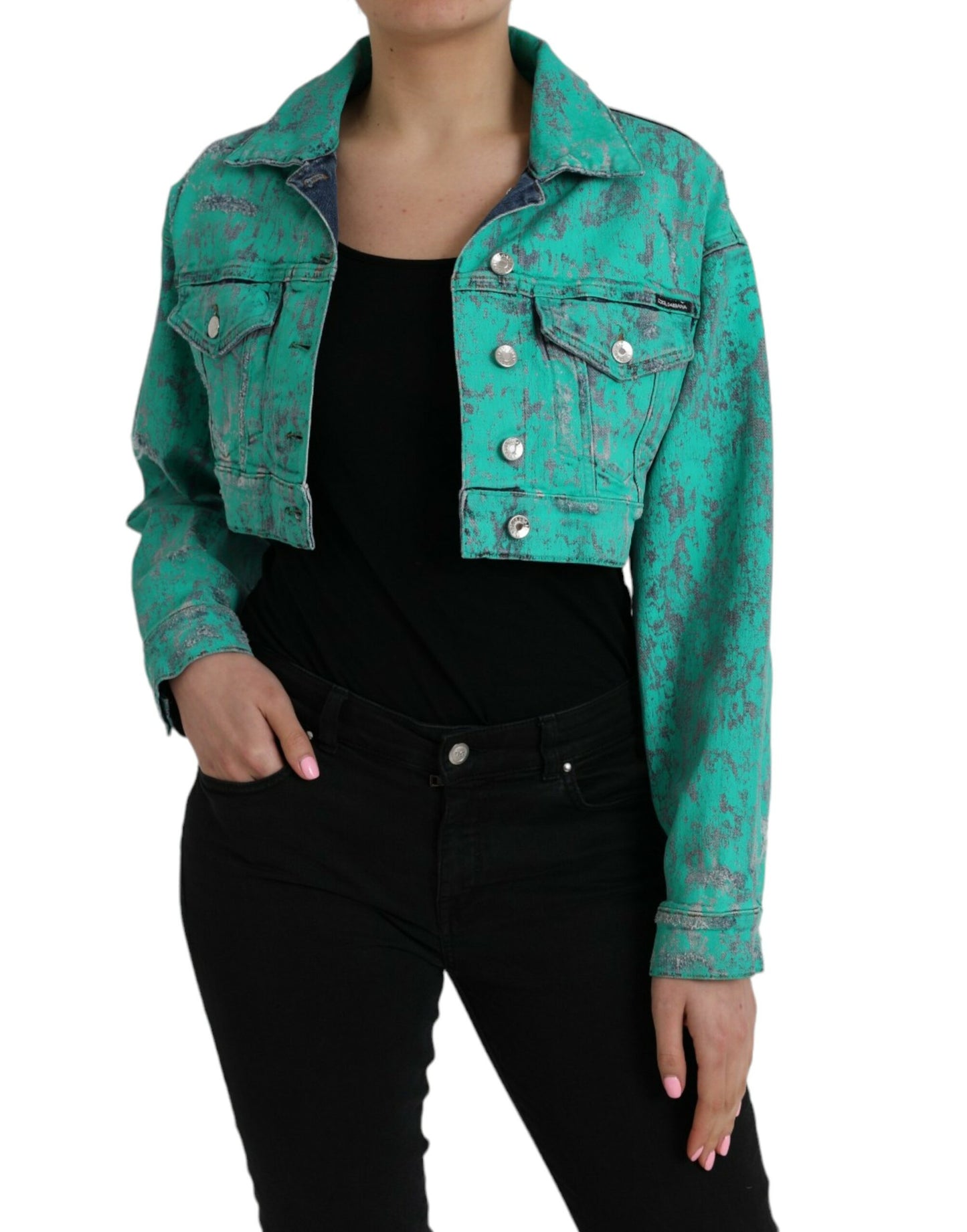 Chaqueta vaquera corta con efecto tie-dye de algodón verde