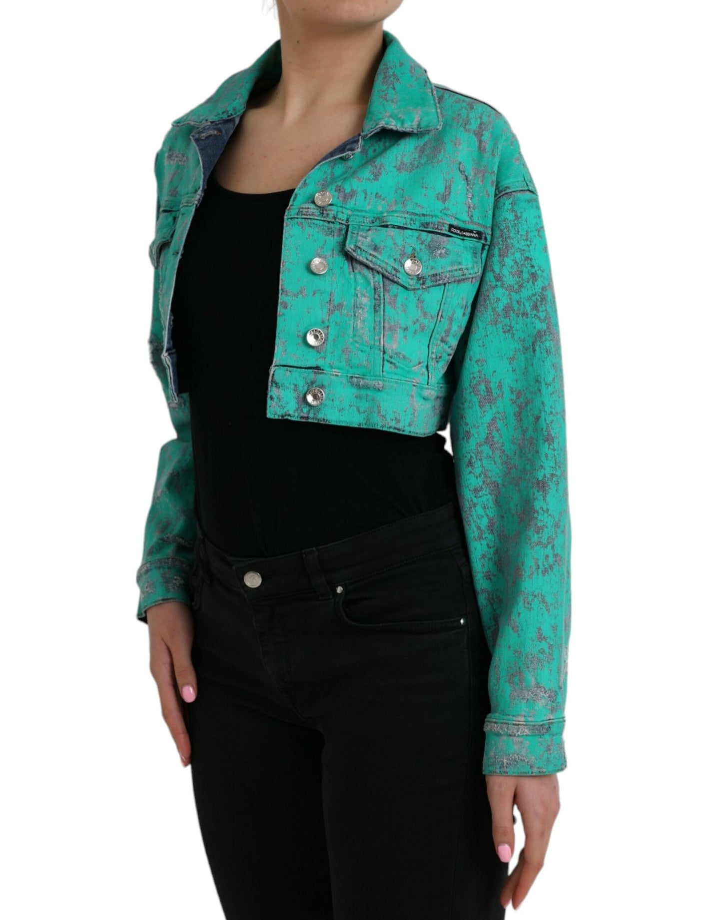 Chaqueta vaquera corta con efecto tie-dye de algodón verde