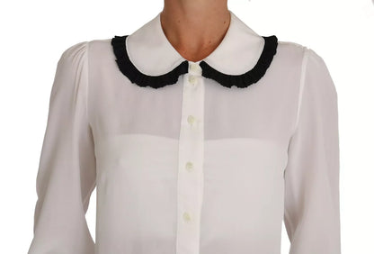 White Silk Shirt Ruffle Rouded Collar Blouse