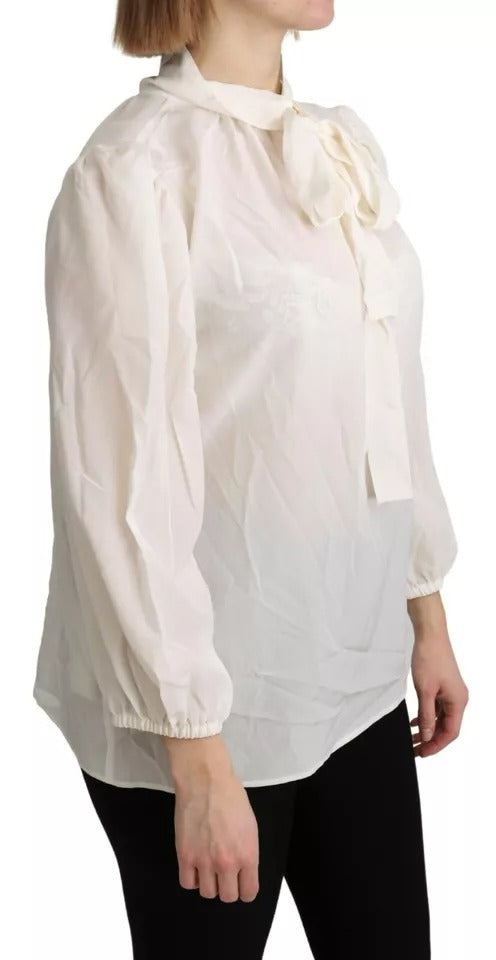 Blusa de seda de manga larga con cuello de bufanda en color blanco roto