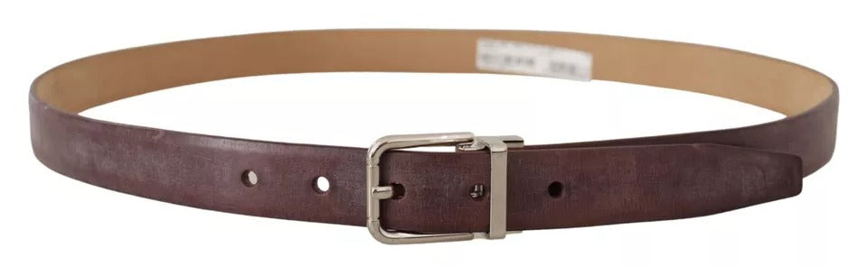 Brown Classic Leather Silver Logo Metal Buckle Belt