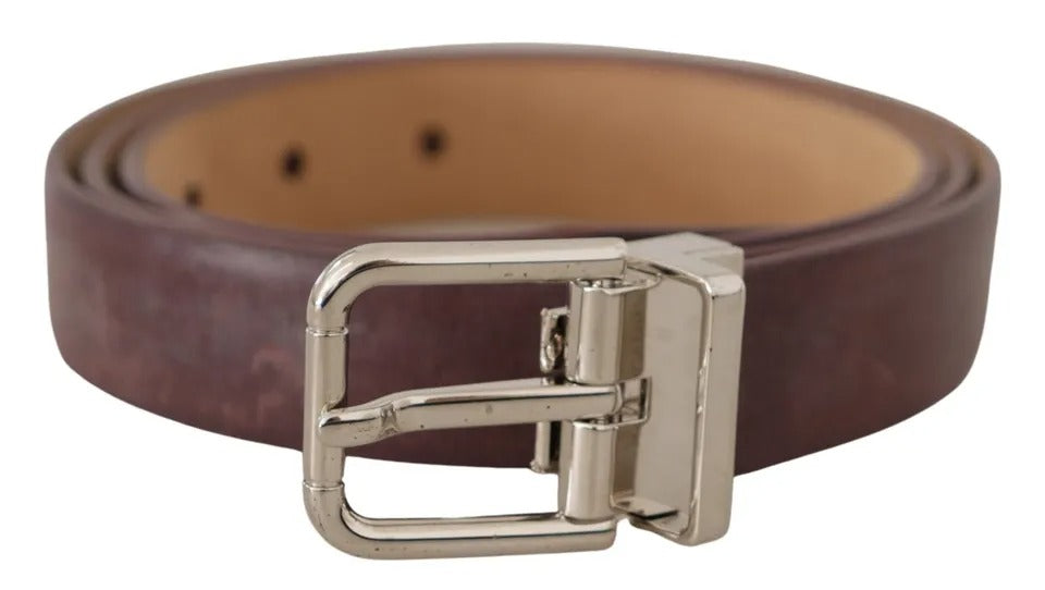 Brown Classic Leather Silver Logo Metal Buckle Belt