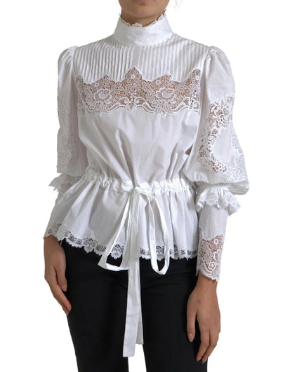 White Cotton Lace Trim Turtle Neck Top Blouse