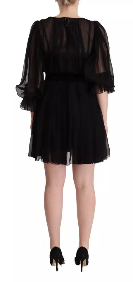 Black V-neck Long Sleeves Mini A-line Dress