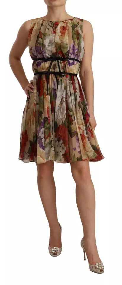 Beige Floral Sleeveless Round Neck Mini Dress