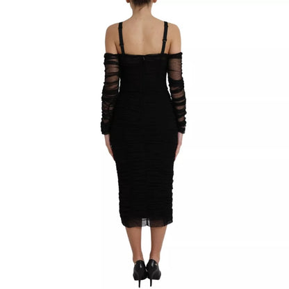 Black Cold Shoulder Stretch Tulle Midi Dress