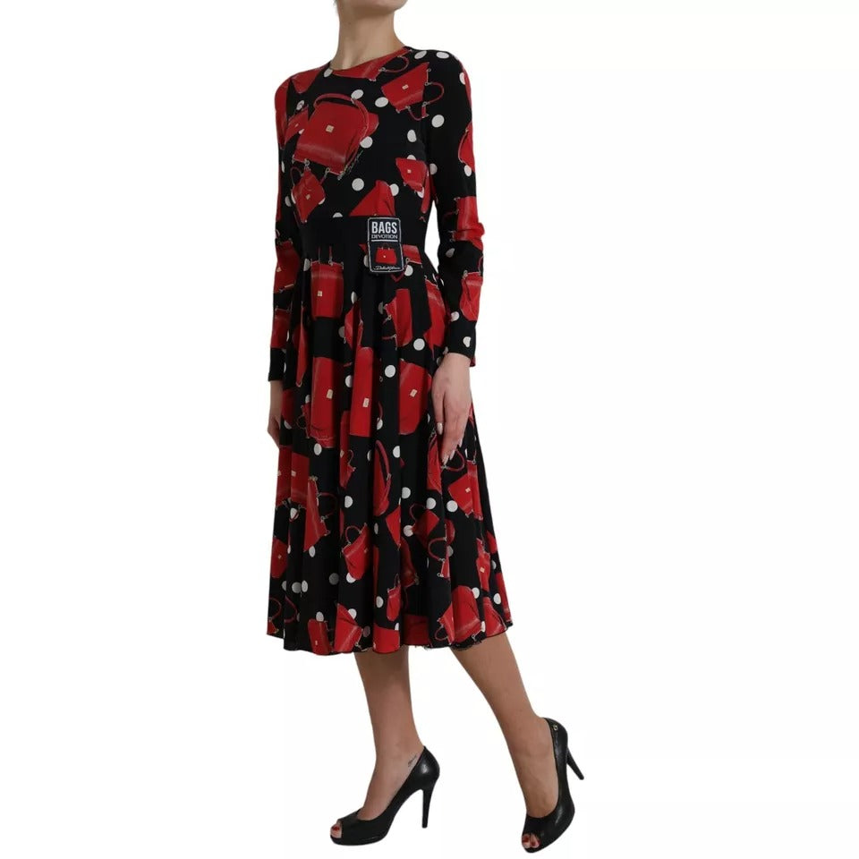 Black Sicily Bag Print Flared Midi Dress