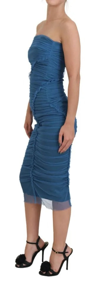 Blue Mesh Trim Ruched Tulle Sheath Dress