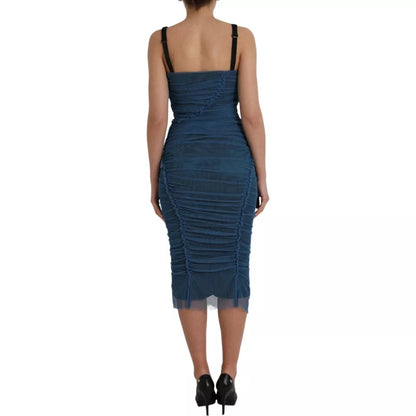 Blue Mesh Trim Ruched Tulle Sheath Dress