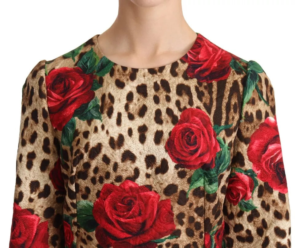 Brown Leopard Red Roses Cotton A-line Dress