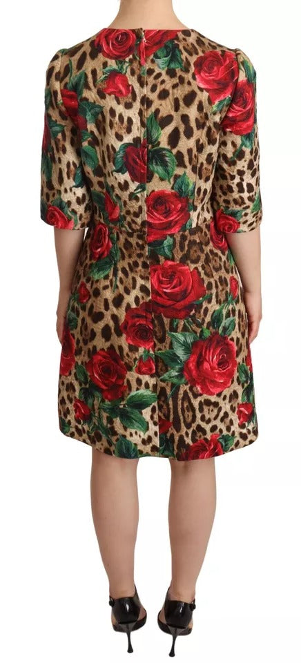 Brown Leopard Red Roses Cotton A-line Dress