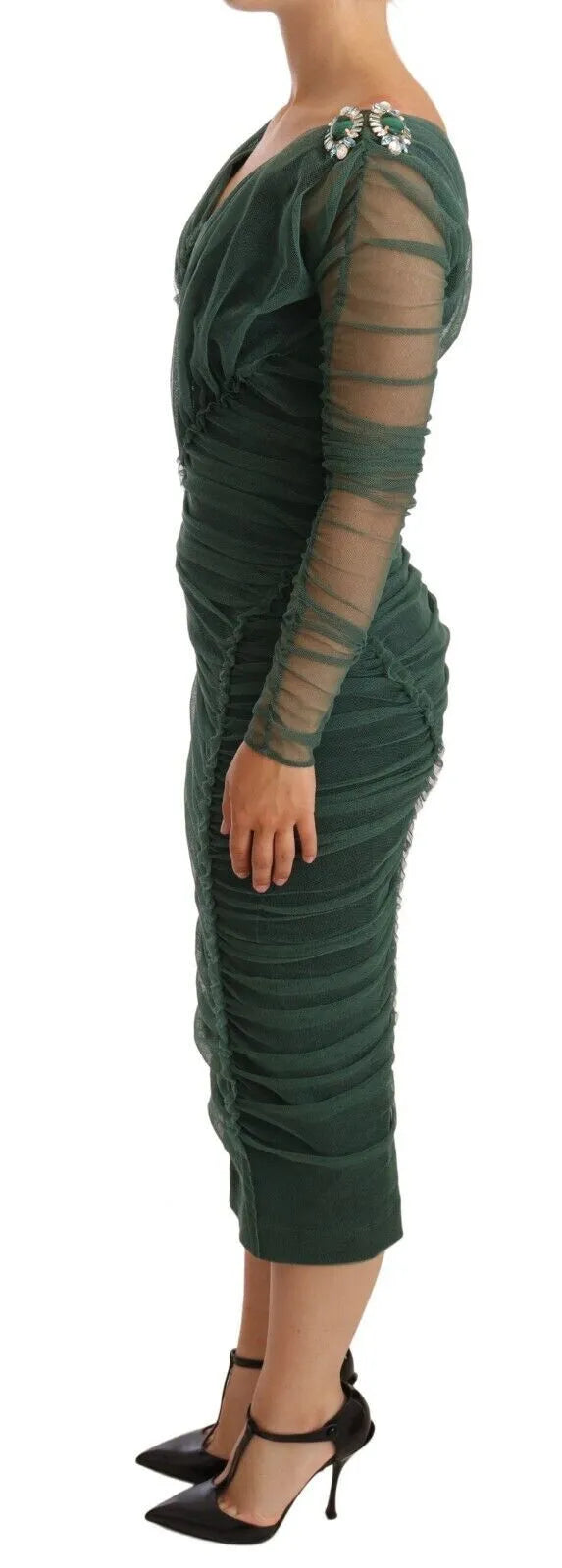 Green Ruched Stretch Tulle Crystal Midi Dress