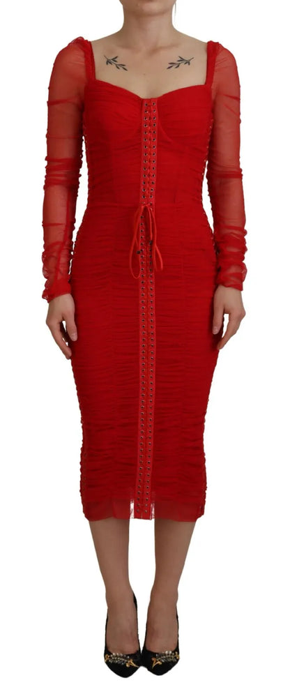 Vestido ajustado midi con ribete de malla roja