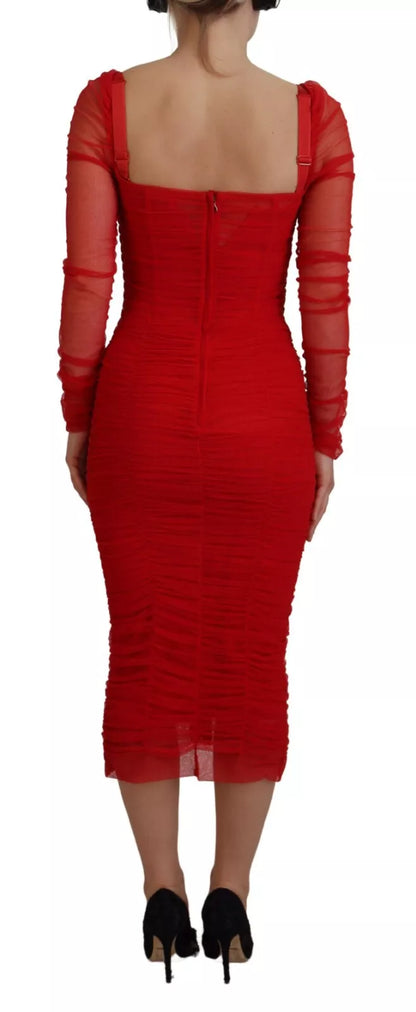 Vestido ajustado midi con ribete de malla roja