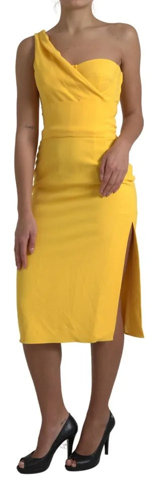 Yellow One Shoulder Side Slit Midi Dress