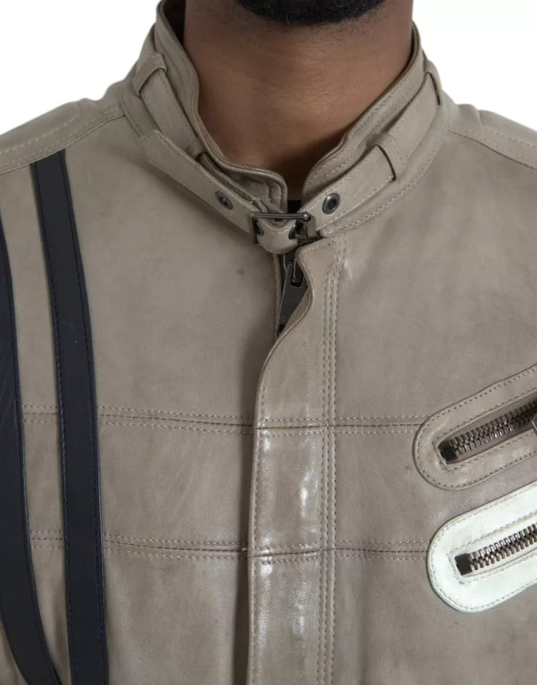 Beige Leather Full Zip Biker Coat Jacket